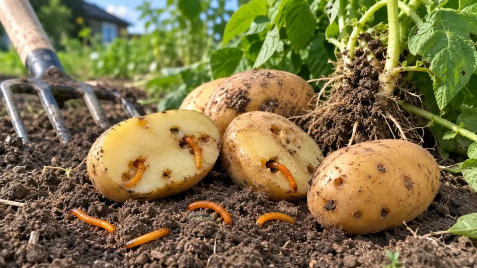 Личинка проволочника и ходы в клубне картофеля