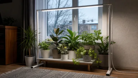 Белая LED-лампа над комнатными растениями зимой