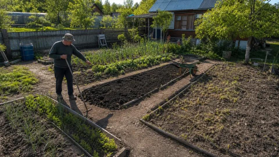Планировка грядок на дачном участке с дорожками и теплицей